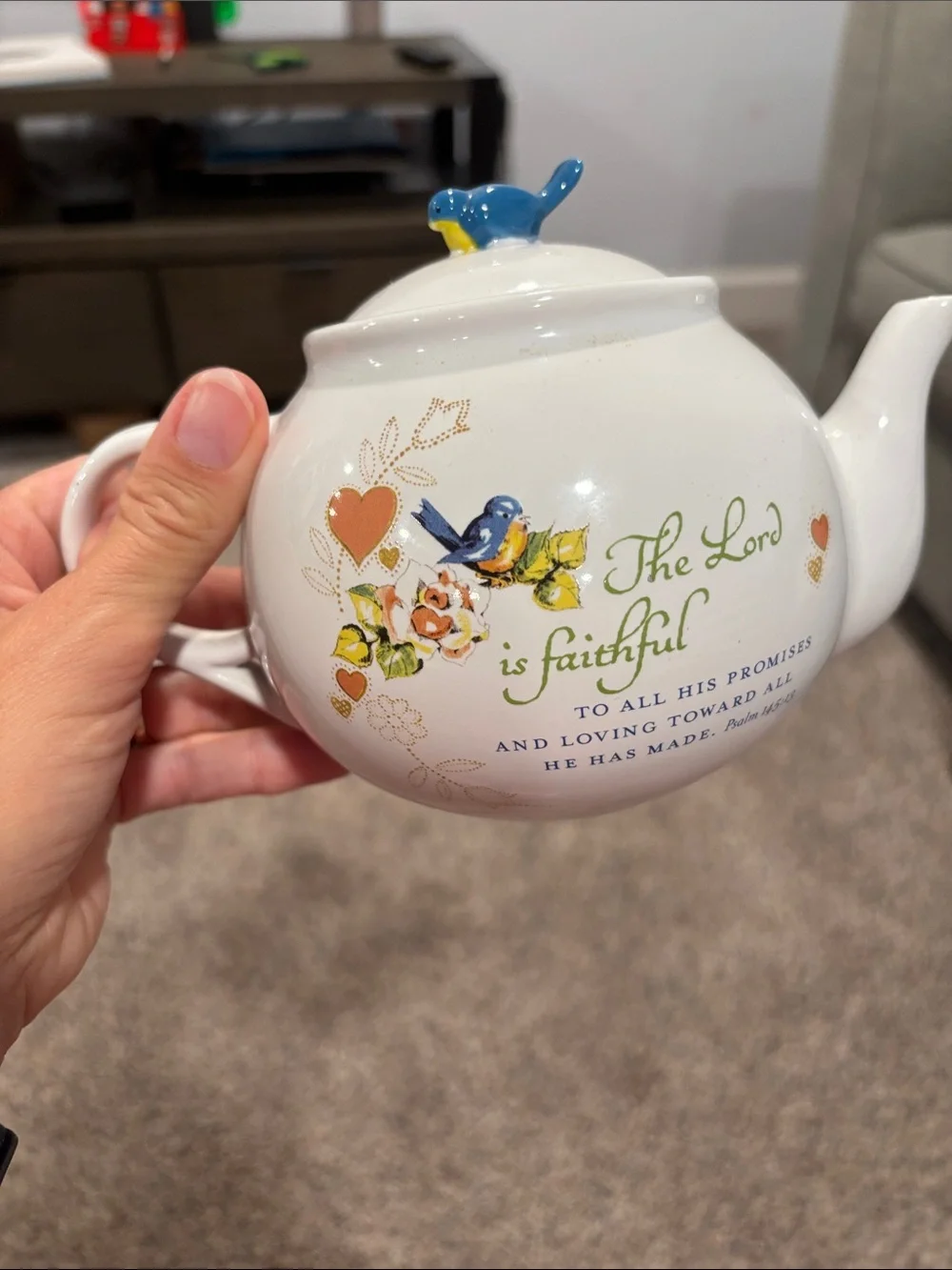 White Ceramic Teapot with Blue Bird Lid and Faith-Inspired Design